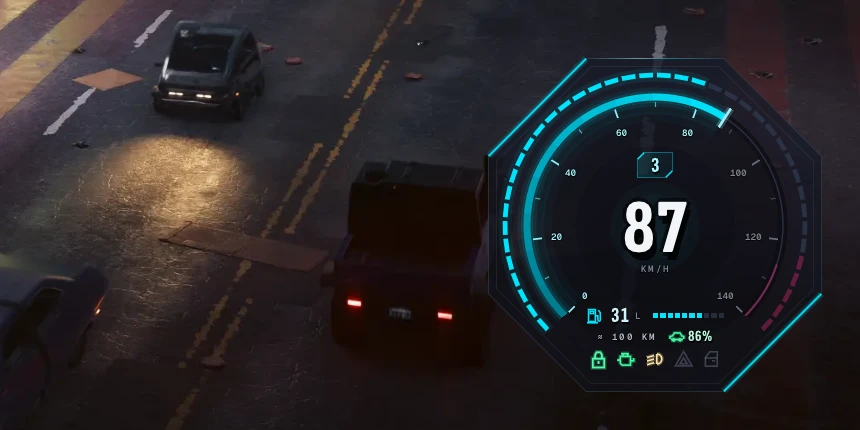 The Tachometer in the bottom right corner of the screen: the gear, the speed, the tank, the range, the body and the lamps